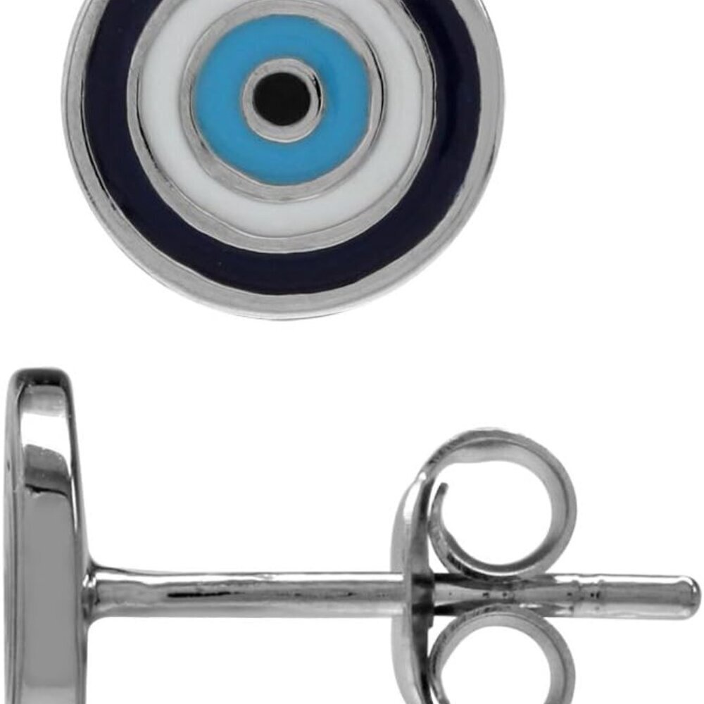 Petite Blue and White Enamel White Gold Plated 925 Sterling Silver Evil Eye Stud